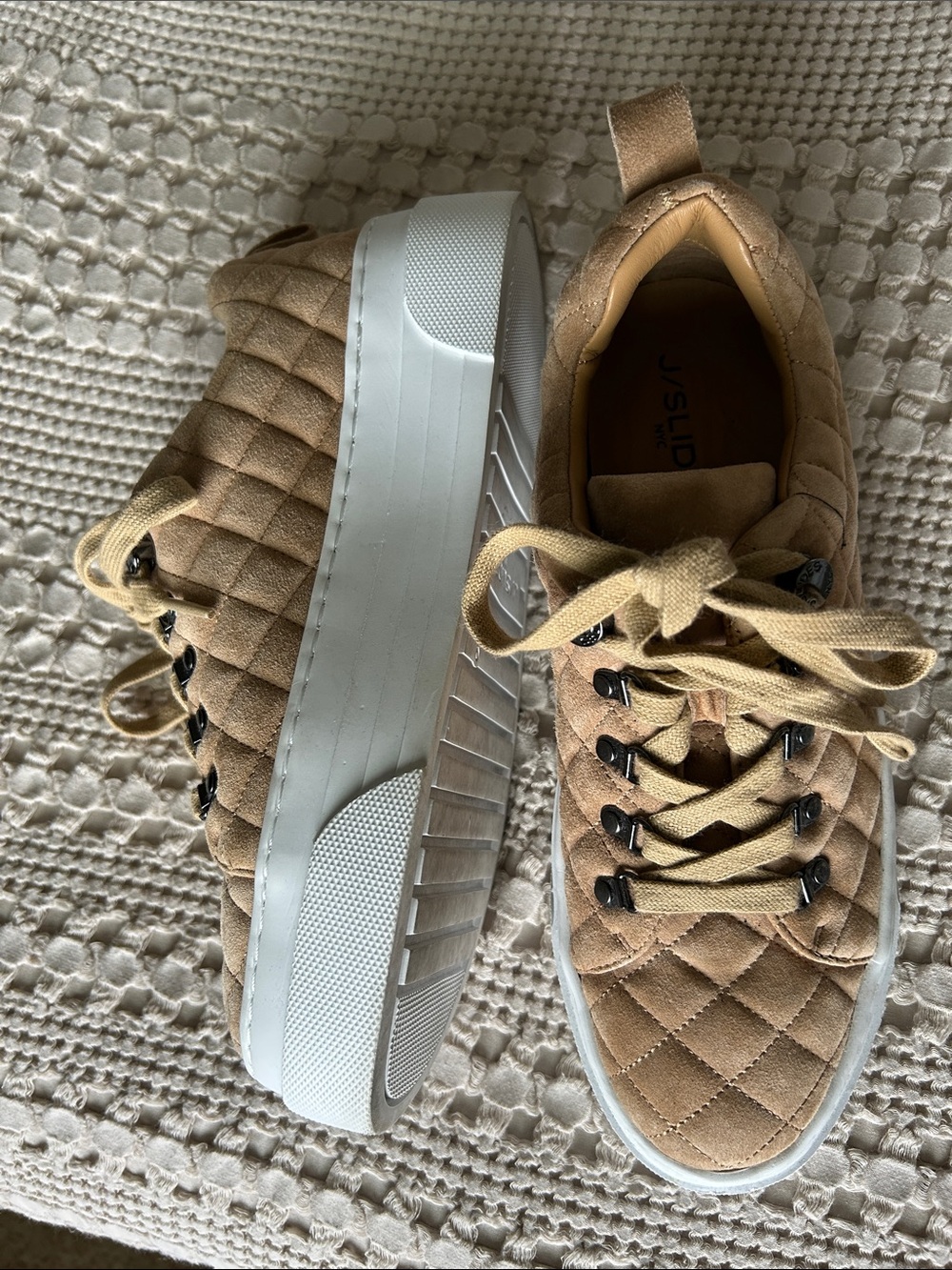 J/SLIDES Quilted Tan Platform Sneakers with White Sole